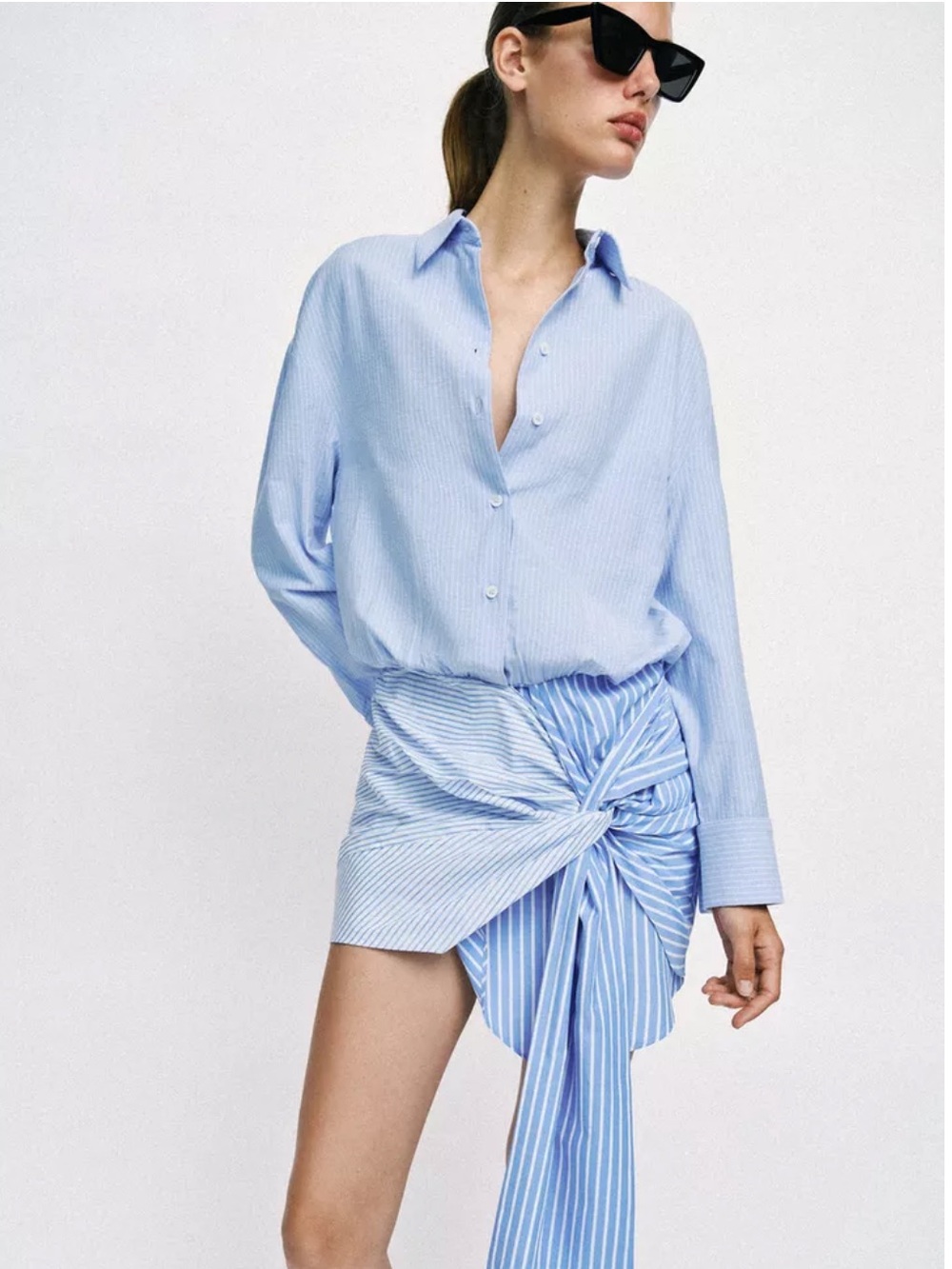 ZARA NWT 2689/059 Blue Striped Draped Knot Shirt Dress Size S